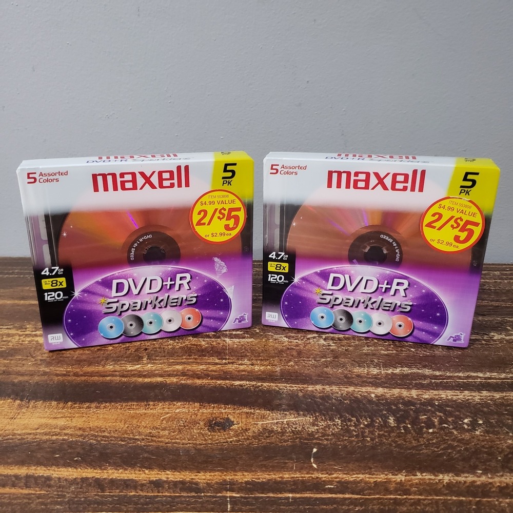 Maxell DVD+R Sparklers 5-Pack Assorted Colors New 4.7GB 120min 8x 2-Pack Lot